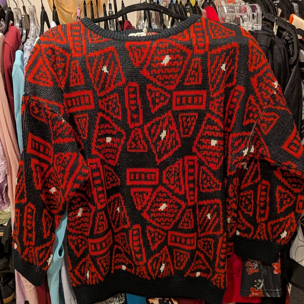 Vintage Esprit Sport Geometric Red and Black Knit Sweater - M